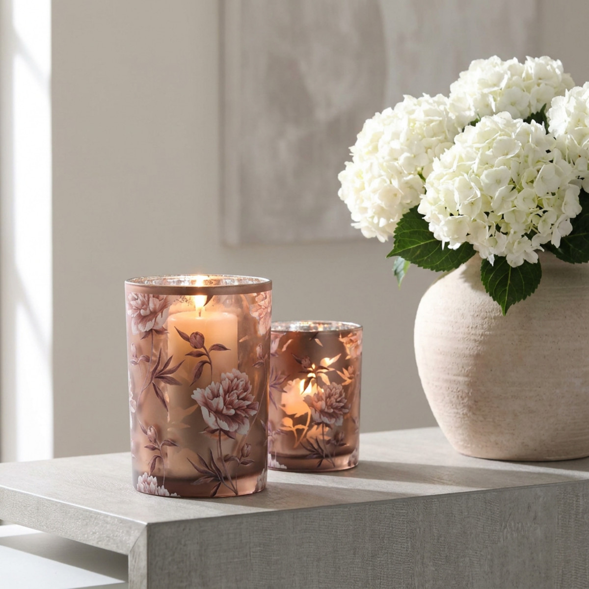 Windlicht Glas Braun Silber Rosa mit 3D-Effekt
