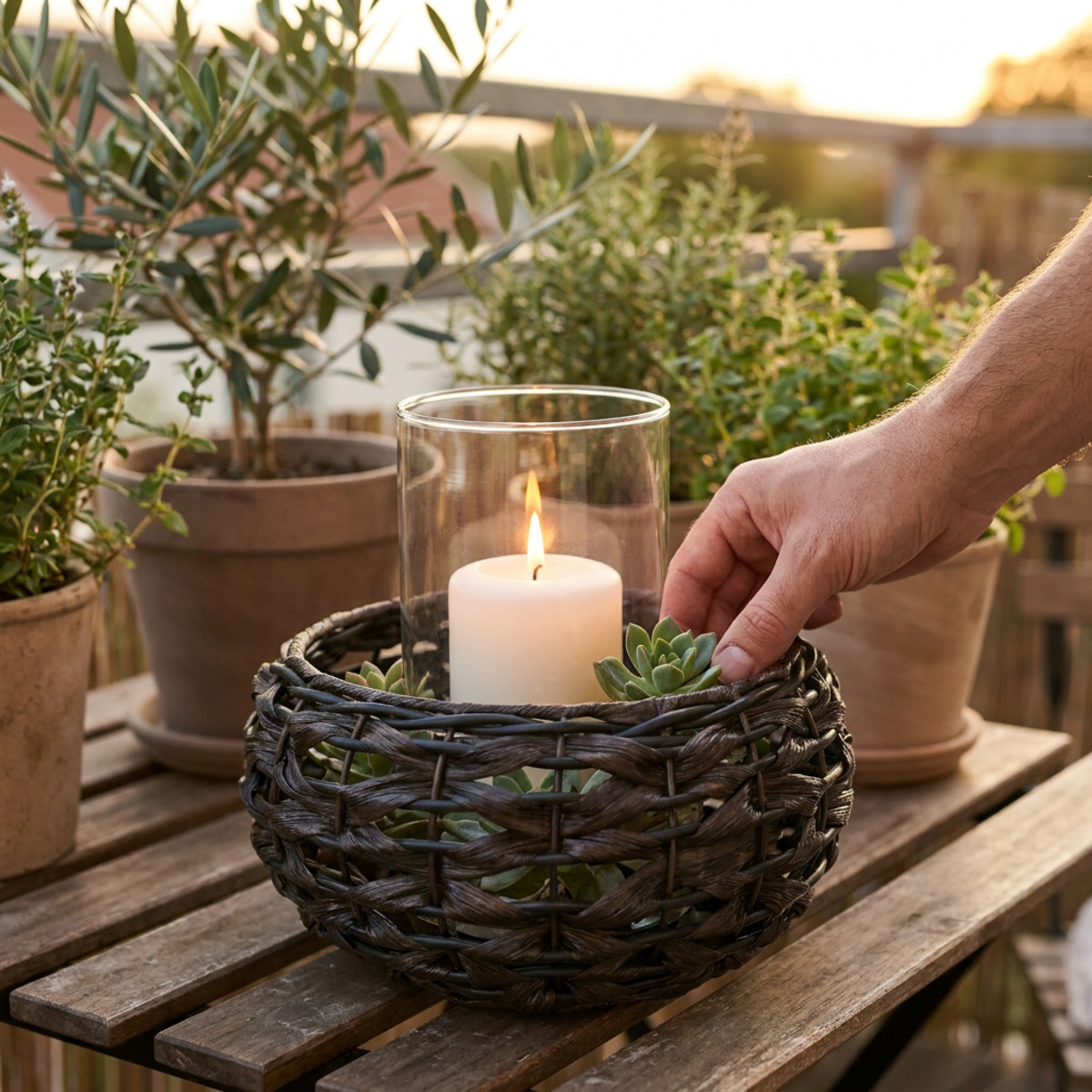 Windlicht geflochten Schwarz Braun Rattan Ø23cm