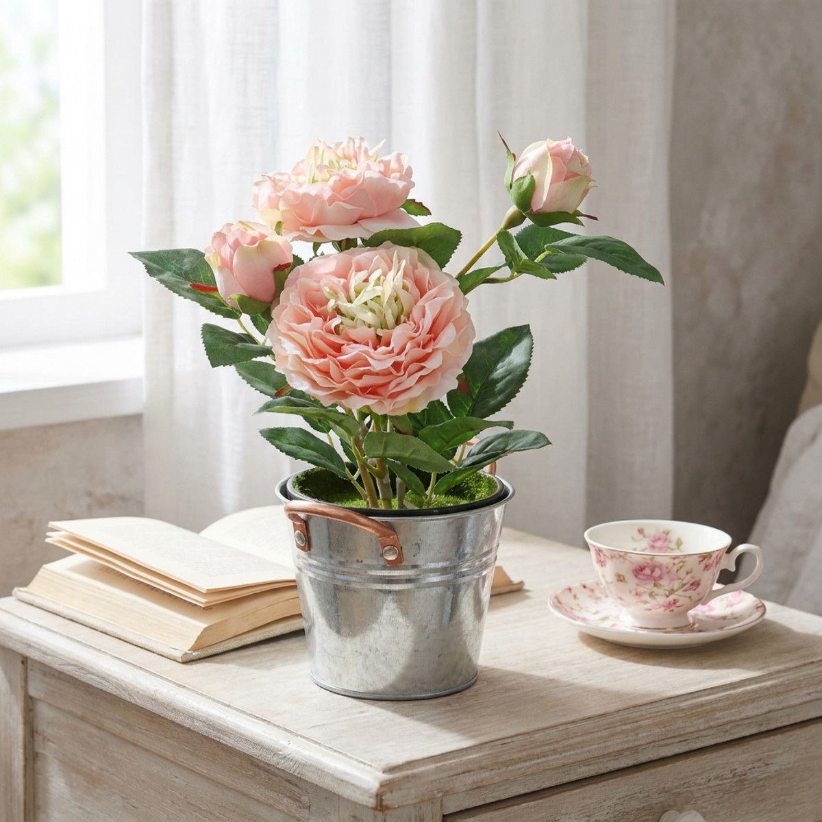 Deko-Rose im Topf – Rosa Pfingstrose aus Seide