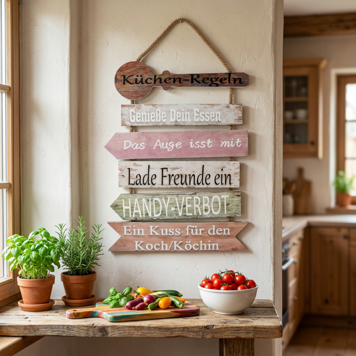 Deko Schild Holz mit humorvollen Küchenregeln
