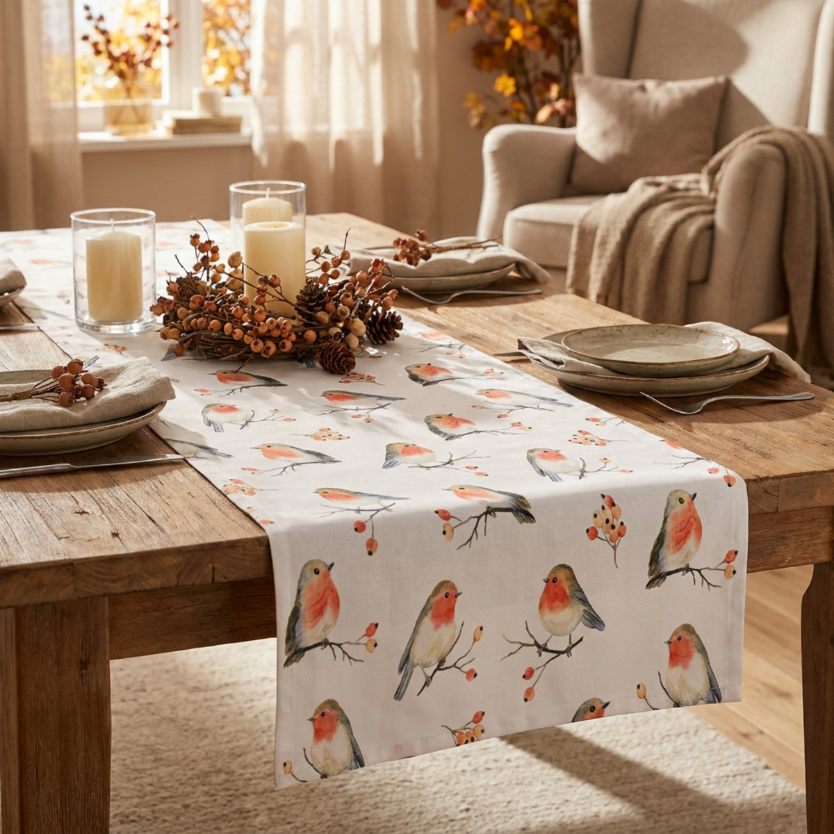 Tischläufer Herbst Rotkehlchen 40x150cm Baumwolle