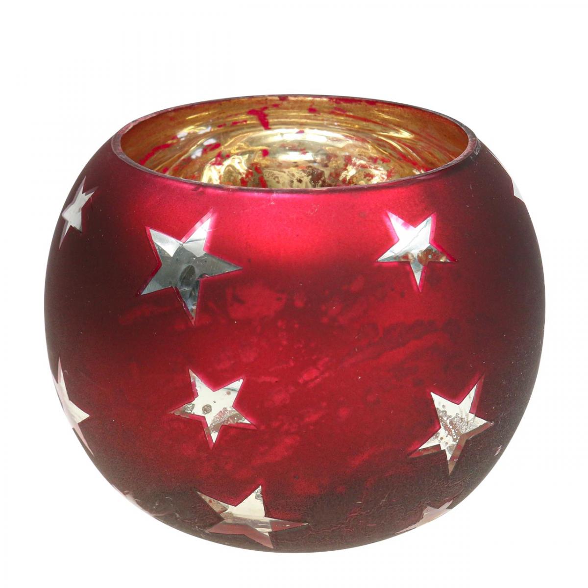 Floristik21.de Windlicht Glas Teelichtglas mit Sternen Rot Ø12cm H9cm-06537