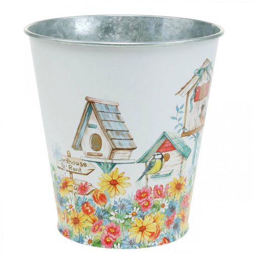 Blechtopf mit Vogelhäusern, Sommerdeko, Pflanzgefäß H14,5cm Ø13,5cm