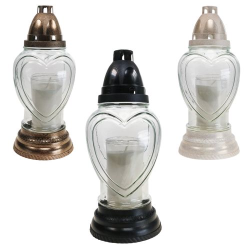 Floristik21 Grablicht Glas Herz Gravur Grablaterne Klar Ø11cm H26cm