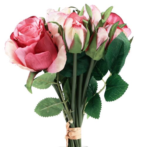Floristik21 Kunstrosen Rosa Pink Künstliche Rosen Deko Strauß 29cm 12 St