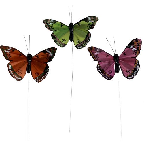 Deko Schmetterlinge am Draht Federn Grün Pink Orange 6,5×10cm 12St