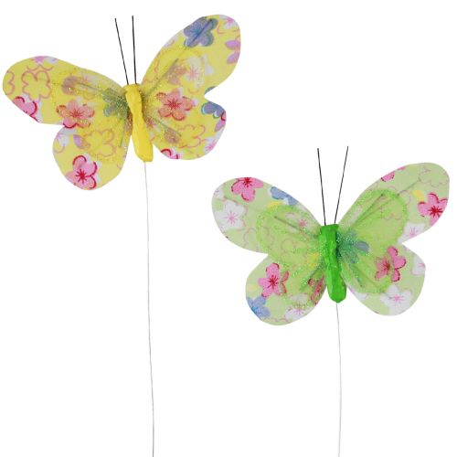 Deko Schmetterlinge am Draht Gelb Grün Blumen 6×9cm 12St