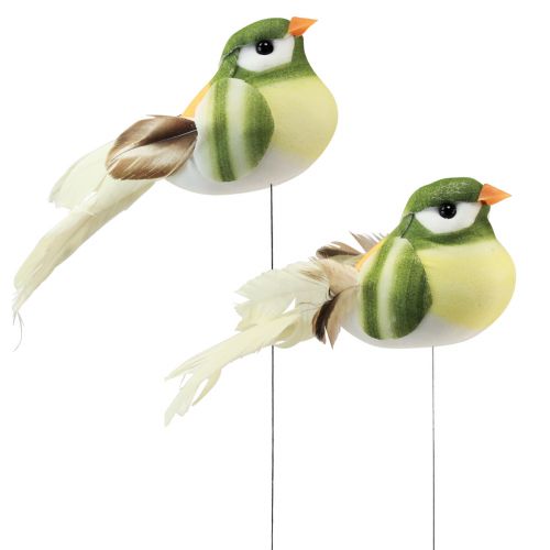 Floristik21 Federvogel am Draht Deko Vogel mit Federn Grün Orange 4cm 12 St