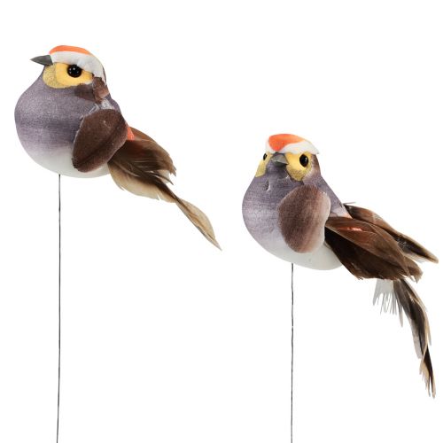 Federvogel am Draht Deko Vogel mit Federn Grau 4cm 12 St
