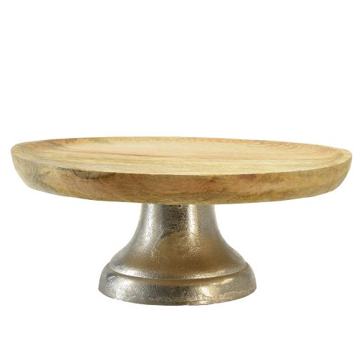 Floristik21 Dekoteller Tablett Holz Metall Fuß Natur Silber Ø25cm