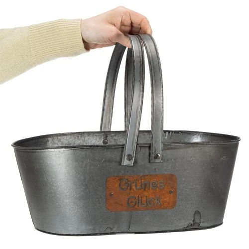 Pflanzkorb “Grünes Glück”, Metalldeko zum Bepflanzen, Gartendeko Silbern, Edelrost L40cm H15cm | Floristik21.de