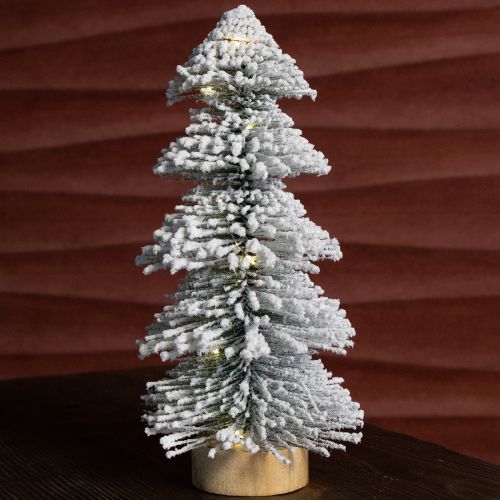 Artikel Mini Weihnachtsbaum 28cm mit LED Beleuchtung, verschneite Tanne auf Holzsockel