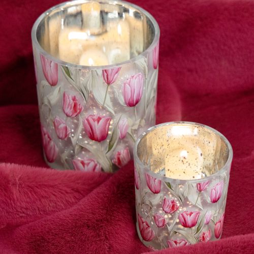 Artikel Deko Windlichter aus Glas mit rosa Tulpenmotiv im 4er Set – Perfekt für frühlingshafte Akzente