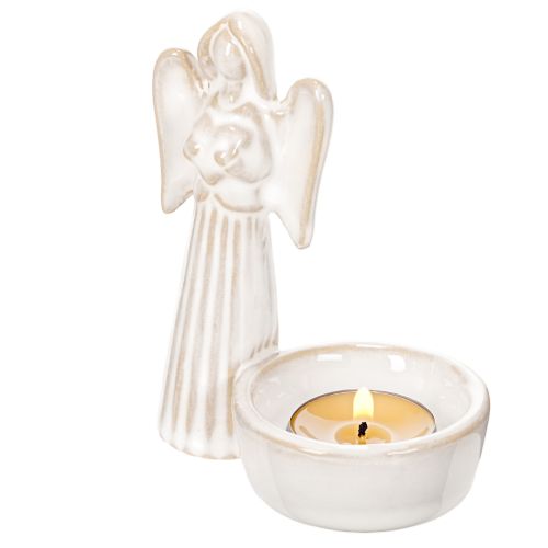 Engel Figur mit Schale und rundem Teelichthalter, 10 cm, 3er Set, Keramik, weiß | Floristik21.de