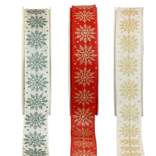Floristik21 Weihnachtsband Geschenkband Schneeflocken 25mm 20m