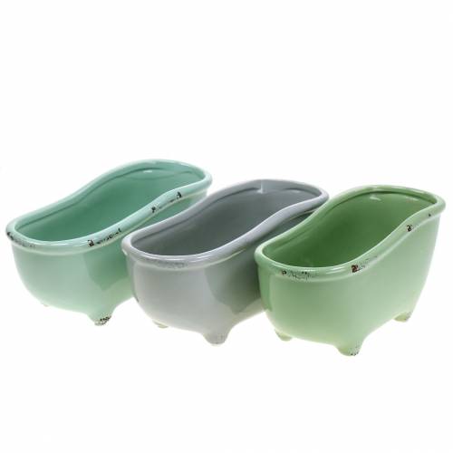 Floristik21 Deko Badewanne Keramik Grau, Grün sortiert 22cm x 10cm H10cm 3er-Set