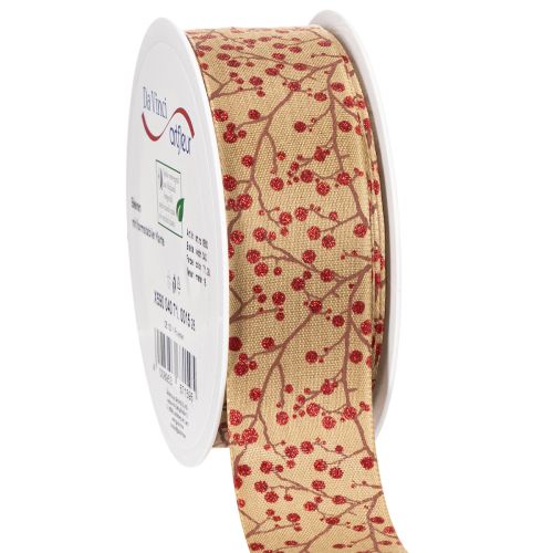 Dekoband Stoff Beige Zweige Rote Glitterbeeren 40mm 15m für Innenbereich