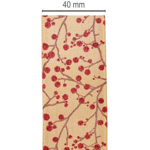 Dekoband Stoff Beige Zweige Rote Glitterbeeren 40mm 15m für Innenbereich | Floristik21.de