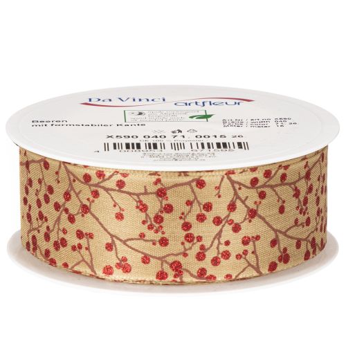 Dekoband Stoff Beige Zweige Rote Glitterbeeren 40mm 15m für Innenbereich | Floristik21.de