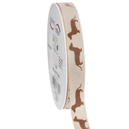 Geschenkband Dackelmotiv 100% Polyester 15mm x 18m Creme-Braun