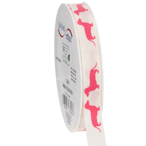 Dekoband Polyester Dackelmotiv Weiß Rosa 15mm 18m Rolle