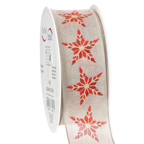 Dekoband Baumwolle Beigegrau Rote Sterne 40mm 15m mit Draht