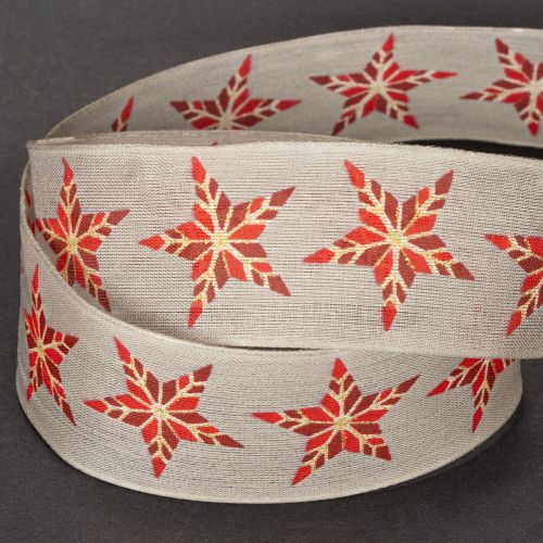Dekoband Baumwolle Beigegrau Rote Sterne 40mm 15m mit Draht | Floristik21.de