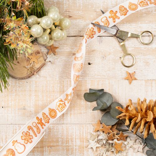 Polyester Geschenkband 25mm 18m Weiß Lebkuchen-Motive Weihnachtsdekoration | Floristik21.de