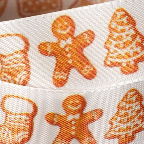 Polyester Geschenkband 25mm 18m Weiß Lebkuchen-Motive Weihnachtsdekoration | Floristik21.de