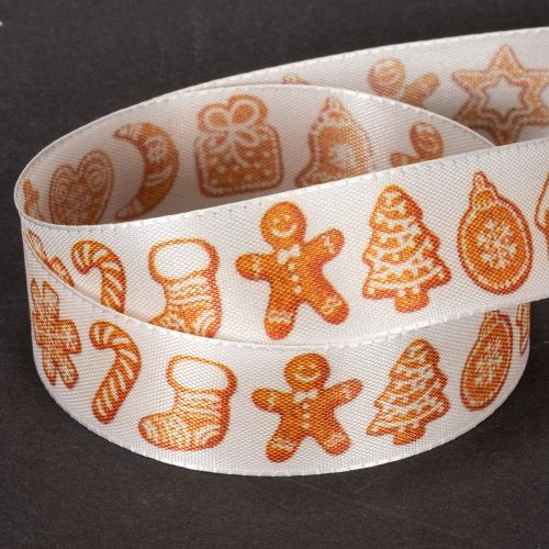 Polyester Geschenkband 25mm 18m Weiß Lebkuchen-Motive Weihnachtsdekoration | Floristik21.de