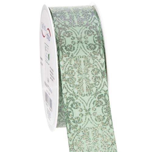 Geschenkband mit Drahtkanten 40mm 15m Salbeigrün Dunkelgrünes Muster Silberglitzer