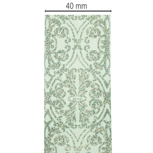 Geschenkband mit Drahtkanten 40mm 15m Salbeigrün Dunkelgrünes Muster Silberglitzer | Floristik21.de