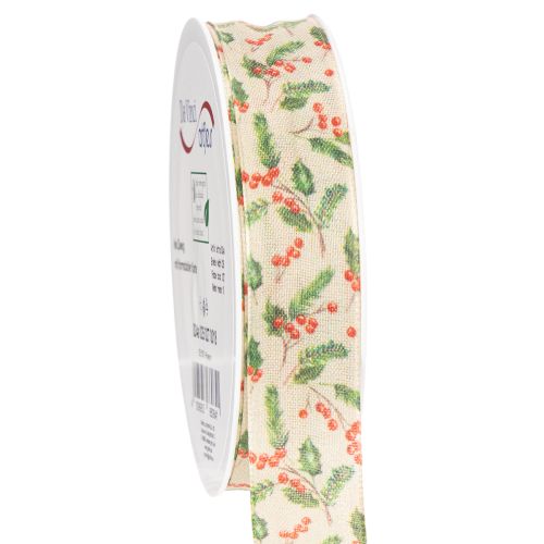 Dekoband Polyester Beige Stechpalmen Beeren 25mm x 18m Innenbereich