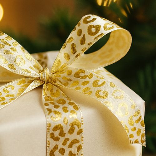 Artikel Leoparden-Muster Seidenband Creme Gold 15mm x 18m für Dekoration & Geschenkverpackungen