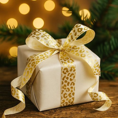 Artikel Leoparden-Muster Seidenband Creme Gold 15mm x 18m für Dekoration & Geschenkverpackungen