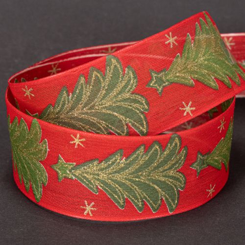 Stoff-Geschenkband Tannenbaum und Sterne 40mm x 15m Rot-Grün-Gold | Floristik21.de