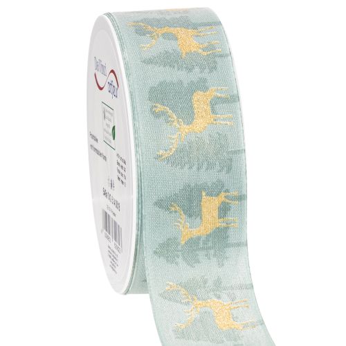 Geschenkband Stoff 40mm 18m Rentier Tannenbaum Hellblau/Gold