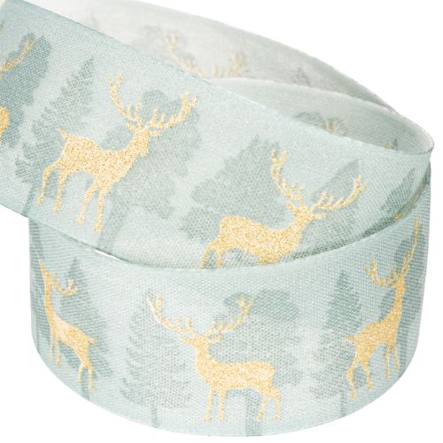 Geschenkband Stoff 40mm 18m Rentier Tannenbaum Hellblau/Gold | Floristik21.de