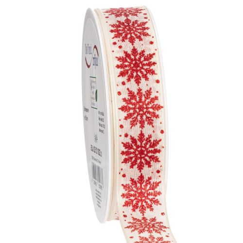 Dekoband mit Drahtkante Schneeflockenmotiv Weiß Rot 25mm x 20m