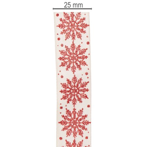 Dekoband mit Drahtkante Schneeflockenmotiv Weiß Rot 25mm x 20m | Floristik21.de