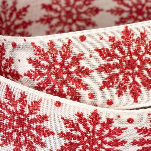 Dekoband mit Drahtkante Schneeflockenmotiv Weiß Rot 25mm x 20m | Floristik21.de