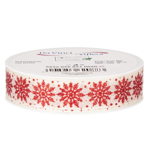 Dekoband mit Drahtkante Schneeflockenmotiv Weiß Rot 25mm x 20m | Floristik21.de