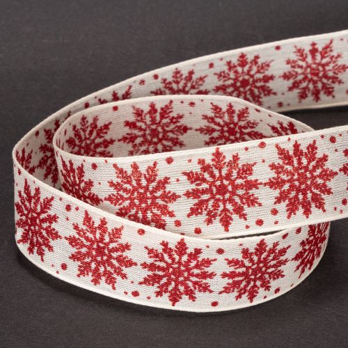 Dekoband mit Drahtkante Schneeflockenmotiv Weiß Rot 25mm x 20m | Floristik21.de
