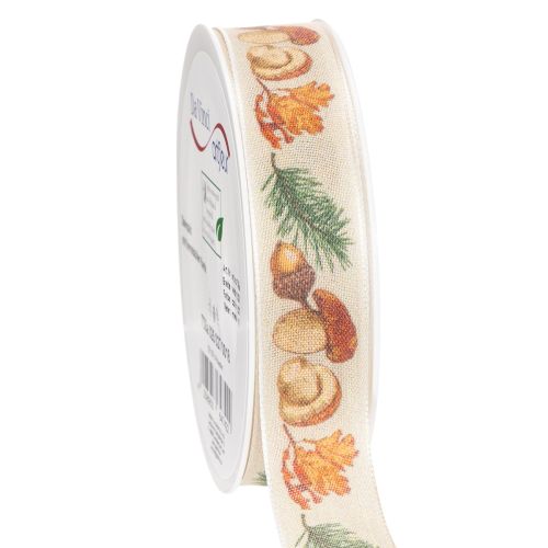 Dekoband Polyester mit Pilz- und Herbstmotiv 25mm x 18m beige
