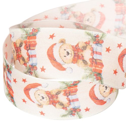 Stoff-Geschenkband mit Bärenmotiv und Weihnachtsdesign 40mm x 15m Creme Rot Grün | Floristik21.de