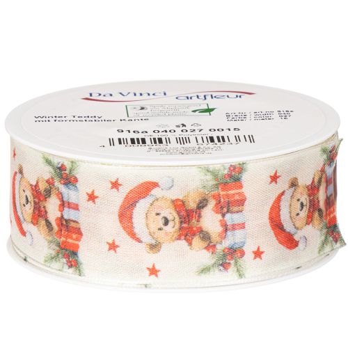 Stoff-Geschenkband mit Bärenmotiv und Weihnachtsdesign 40mm x 15m Creme Rot Grün | Floristik21.de