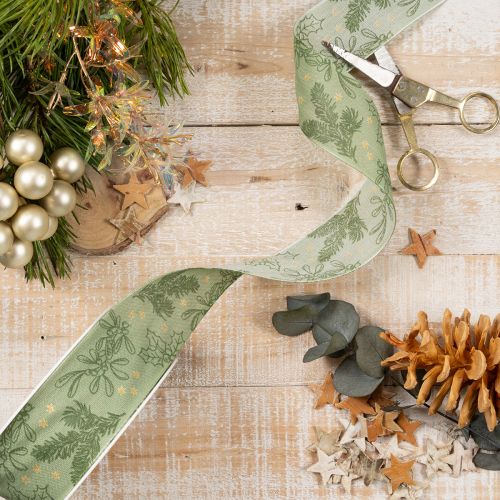 Geschenkband Polyester Stechpalme Mistel 40mm x 15m Grün Gold | Floristik21.de
