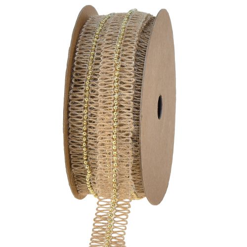 Juteband Dekoband mit goldenen Perlen Jute 17mm 10m