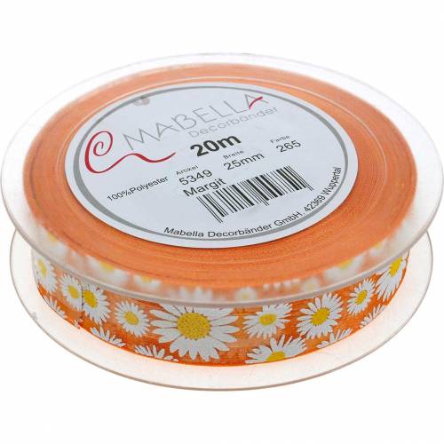 Organzaband Orange mit Blumen 25mm Dekoband Schmuckband 20m