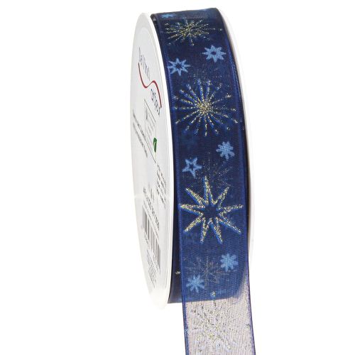 Floristik21 Blaues Organza-Weihnachtsband goldene Sterne 25mm 15m Dekoration
